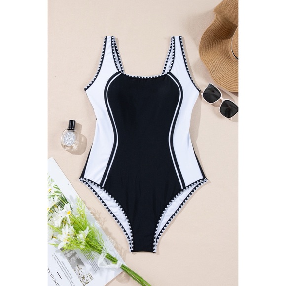 Black Color Block Ric Rac Trim U Neck One Piece Swimsu - Picture 4 of 5